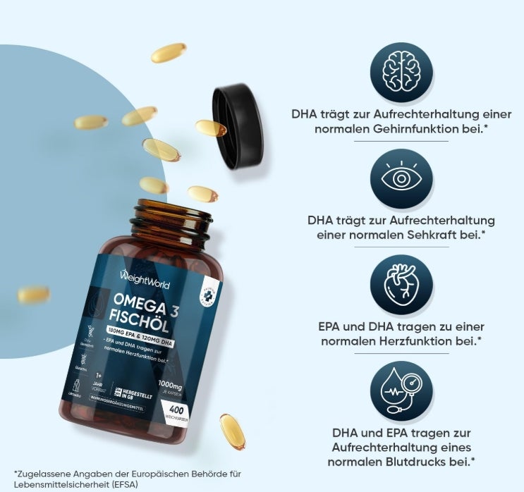 Omega 3 Öl Kapseln - 400 Weichkapseln - 1+ Jahr Vorrat - 1000mg Fischöl pro WeichKapsel - Essentielle Omega 3 Fettsäuren mit EPA 180 mg & DHA 120mg - Fisch öl Softgels - Glutenfrei - WeightWorld 