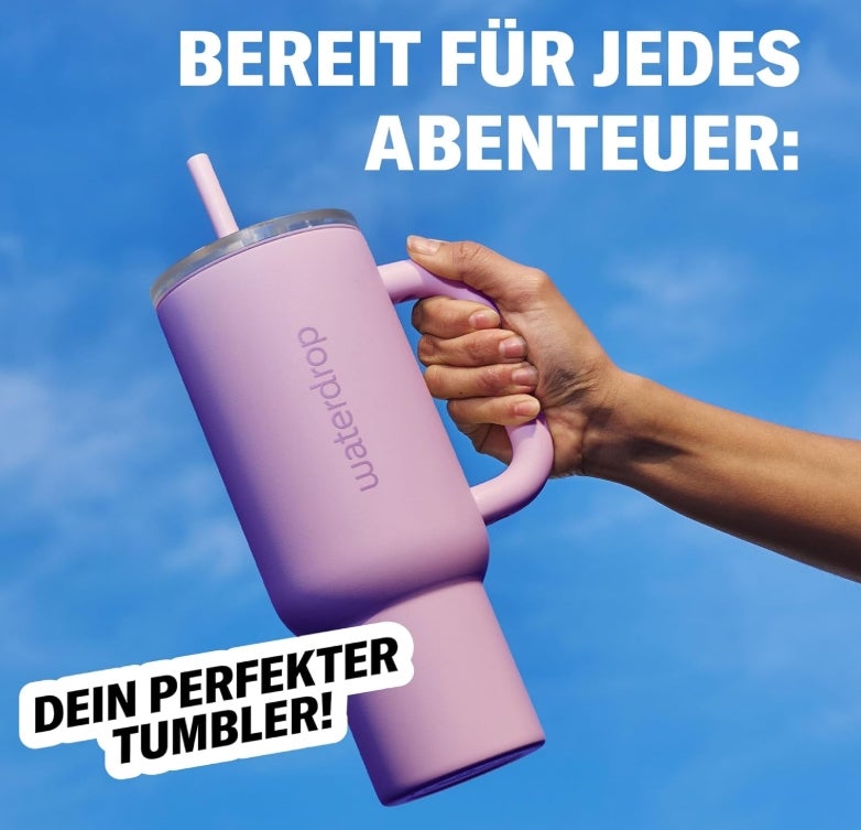 waterdrop® Thermobecher mit Strohhalm 1,1L – Auslaufsichere, robuste Trinkflasche mit aufklappbarem Trinkhalm, Hält 12h kalt, Trinkbecher mit Deckel, isolierte Edelstahlflasche