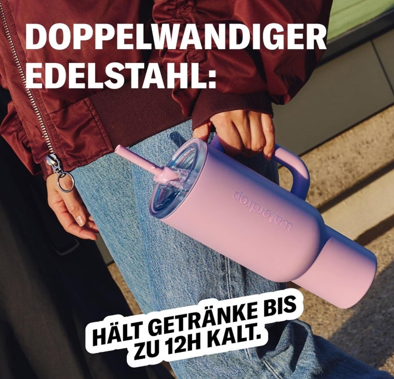 waterdrop® Thermobecher mit Strohhalm 1,1L – Auslaufsichere, robuste Trinkflasche mit aufklappbarem Trinkhalm, Hält 12h kalt, Trinkbecher mit Deckel, isolierte Edelstahlflasche