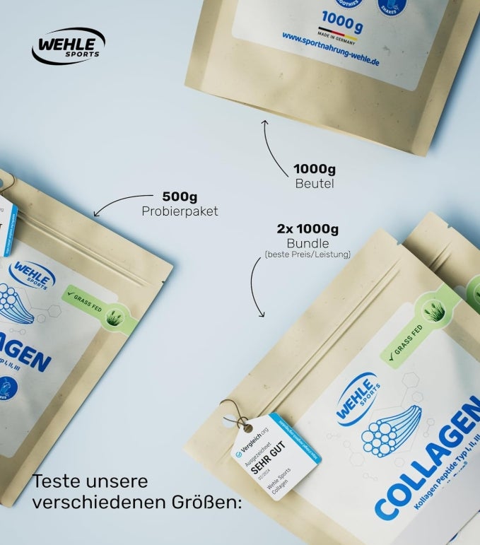 Collagen Pulver 1 kg – Kollagenhydrolysat Peptide Typ I, II & III – Geschmacksneutrales Eiweißpulver – Made in Germany 