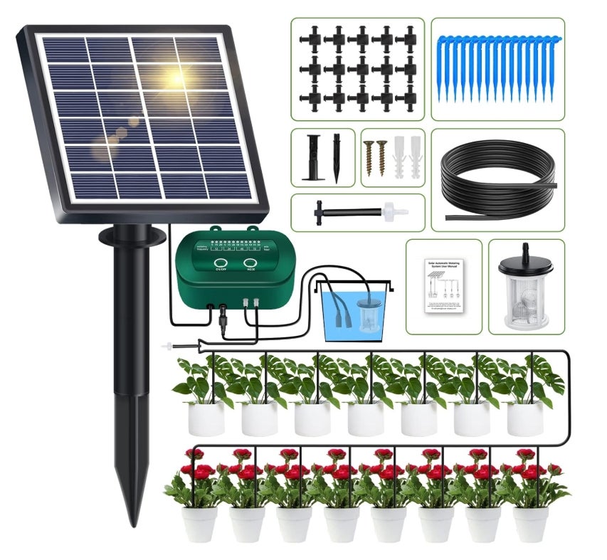 Solar Bewässerungssystem 2024 Neuestes Tröpfchenbewässerung system, Automatische Bewässerungssystem Garten mit 12 Timer-Modi +15 M Schlauch für Garten, Balkon Pflanzen, Kübelpflanzen im Freien 
