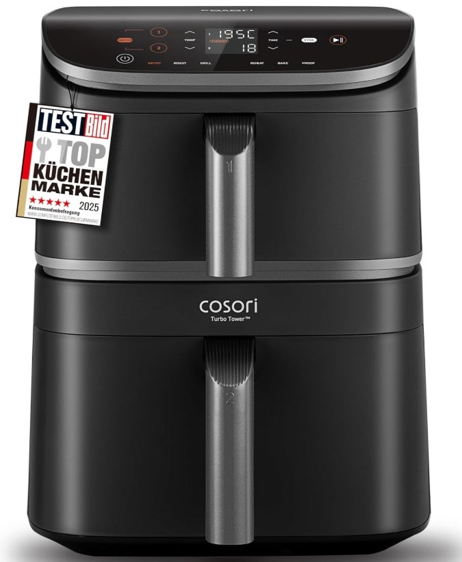 COSORI Airfryer, Heißluftfritteuse 2 Kammern, 10,8 L Heissluftfritteuse, Innovative Mehrfach-Luftgeschwindigkeit, Spart 41 Prozent Platz, Inklusive Rezeptbuch und Edelstahl-Rost, Silbergrau 