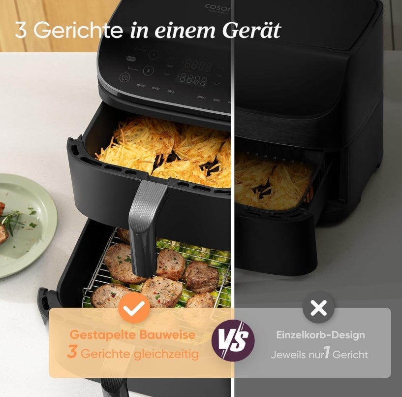 COSORI Airfryer, Heißluftfritteuse 2 Kammern, 10,8 L Heissluftfritteuse, Innovative Mehrfach-Luftgeschwindigkeit, Spart 41 Prozent Platz, Inklusive Rezeptbuch und Edelstahl-Rost, Silbergrau 