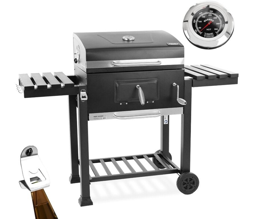 HECHT Grill Holzkohlengrill mit Grillrost – XXL BBQ Grill mit Deckel – mobiler Grillwagen mit klappbaren Ablagen – Grillrostverstellung –Thermometer – Flaschenöffner 
