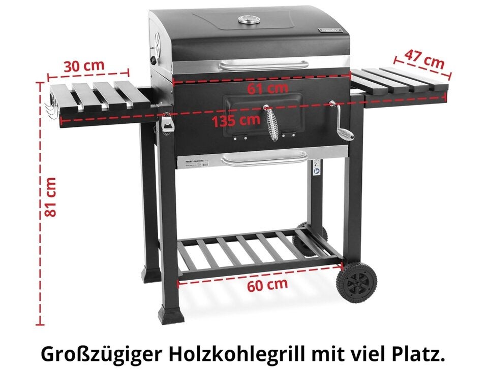 HECHT Grill Holzkohlengrill mit Grillrost – XXL BBQ Grill mit Deckel – mobiler Grillwagen mit klappbaren Ablagen – Grillrostverstellung –Thermometer – Flaschenöffner 