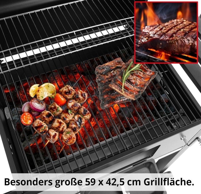 HECHT Grill Holzkohlengrill mit Grillrost – XXL BBQ Grill mit Deckel – mobiler Grillwagen mit klappbaren Ablagen – Grillrostverstellung –Thermometer – Flaschenöffner 