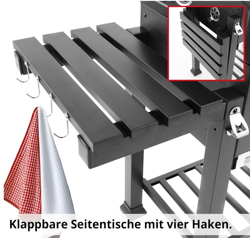 HECHT Grill Holzkohlengrill mit Grillrost – XXL BBQ Grill mit Deckel – mobiler Grillwagen mit klappbaren Ablagen – Grillrostverstellung –Thermometer – Flaschenöffner 