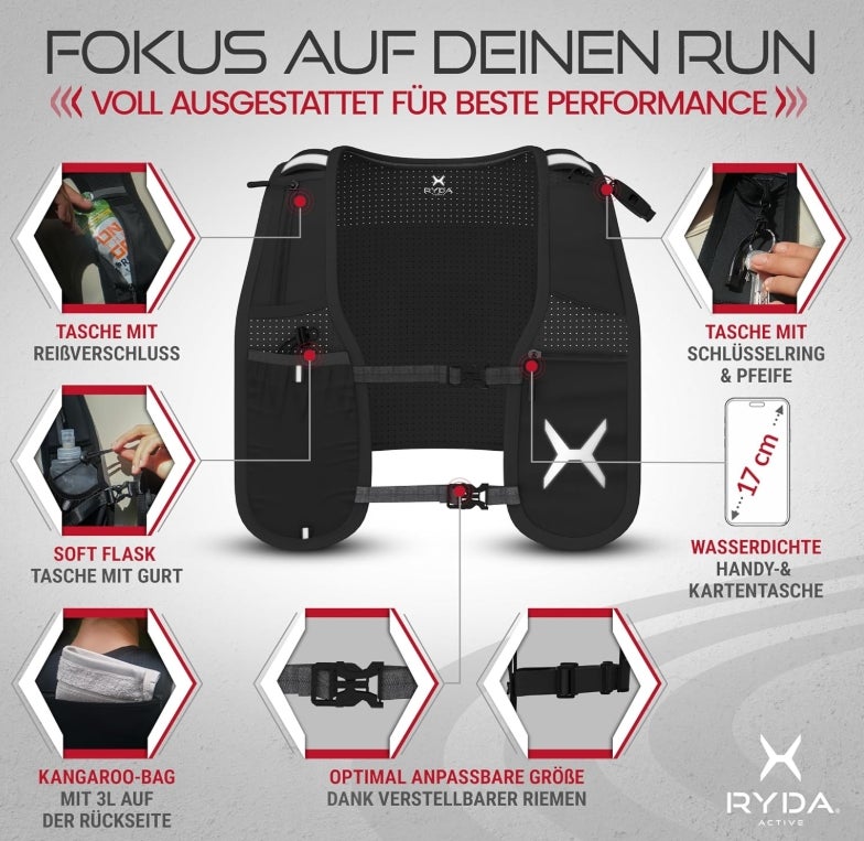 Laufweste Damen & Herren | wasserdichte Handytasche | Ultraleicht 270g | 500ml Trinkflasche & Pfeife | reflektierend & universell verstellbar | ideal für Joggen, Trail & Marathon 