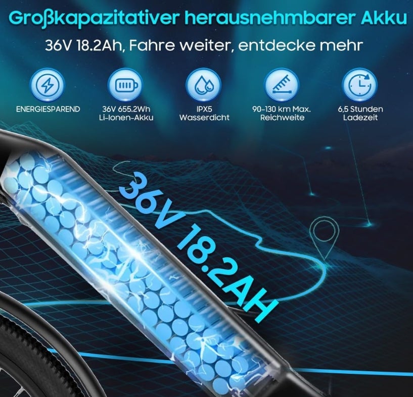 26T1 Elektrofahrrad 26 Zoll E-Bike, 36V 18.2Ah Akku herausnehmbar, 250W Motor, LCD-Display, 7-Gang, Reichweite 90-130 km, 25 km/h, IPX5 wasserdicht für Erwachsene 