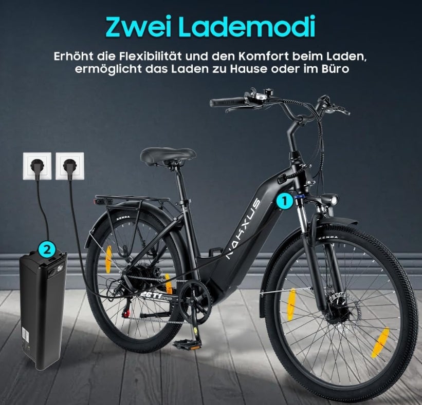 26T1 Elektrofahrrad 26 Zoll E-Bike, 36V 18.2Ah Akku herausnehmbar, 250W Motor, LCD-Display, 7-Gang, Reichweite 90-130 km, 25 km/h, IPX5 wasserdicht für Erwachsene 