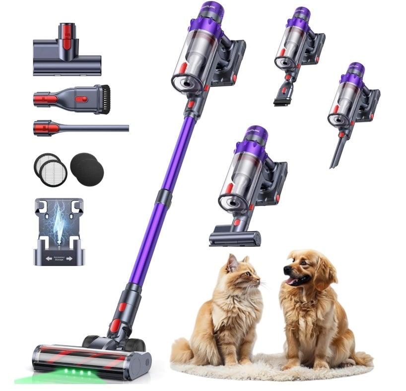 SMOTURE Akku Staubsauger 50.000 Pa 65 Min Laufzeit mit Mini-Turbinendüse, Anti-Tangle-Staubsauger Kabellos mit Touchscreen & Automodus für Tierhaare/Teppiche/Hartböden/Auto, VAC02–Verbesserte Version 