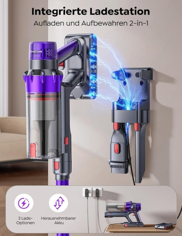 SMOTURE Akku Staubsauger 50.000 Pa 65 Min Laufzeit mit Mini-Turbinendüse, Anti-Tangle-Staubsauger Kabellos mit Touchscreen & Automodus für Tierhaare/Teppiche/Hartböden/Auto, VAC02–Verbesserte Version 