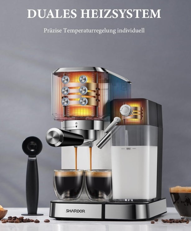 SHARDOR Espresso Kaffeemaschinen, Siebträgermaschine mit Milchaufschäumer, 1350W 20 Bar Edelstahl Espressomaschine mit Siebträger, Professionelle Kaffeemaschine für Espresso Cappuccino Latte Macchiato 