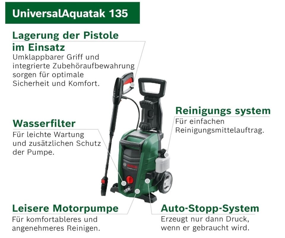 Bosch Home and Garden Bosch Hochdruckreiniger UniversalAquatak 135 (3-in-1-Düse, Schaumdüse, transparenter Wasserfilter, Hochdruckpistole, 7 m Schlauch, 5 m Kabel, 1900 Watt 