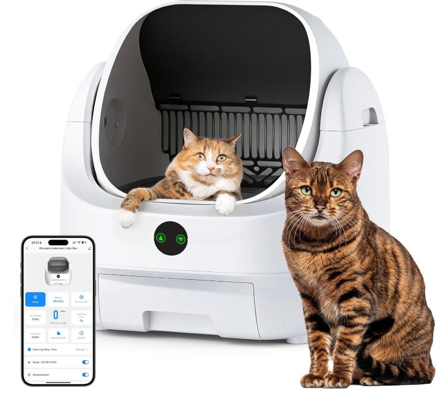 Katzenklo Selbstreinigend Offen, Ellenpent Elektrische Katzentoilette für Große Katzen mit Geruchskontrolle - App-Steuerung & Sensoren Katzenklo Automatische Reinigung 