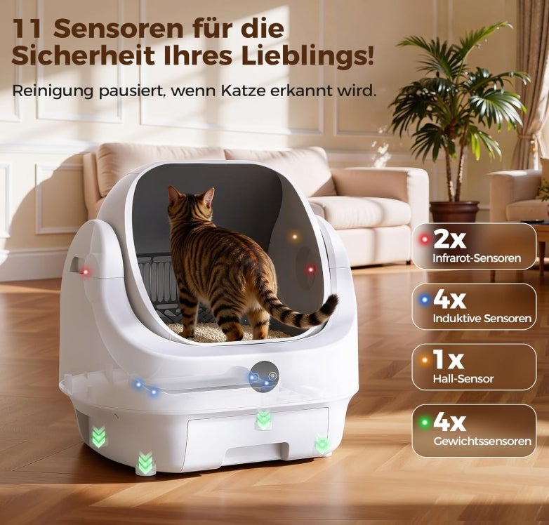 Katzenklo Selbstreinigend Offen, Ellenpent Elektrische Katzentoilette für Große Katzen mit Geruchskontrolle - App-Steuerung & Sensoren Katzenklo Automatische Reinigung 