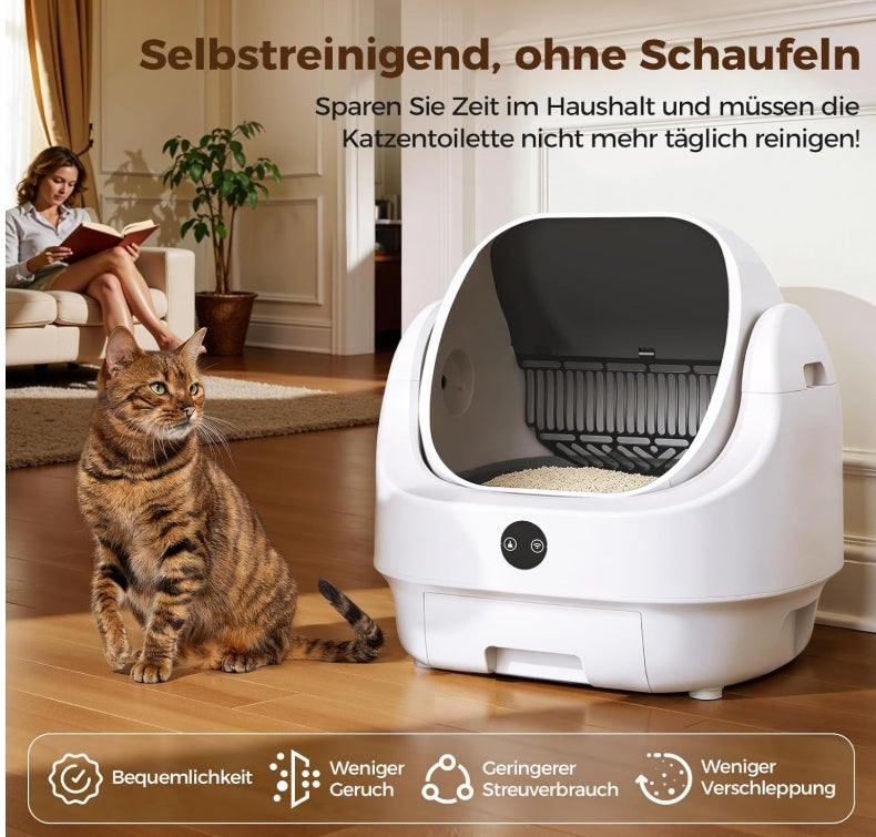 Katzenklo Selbstreinigend Offen, Ellenpent Elektrische Katzentoilette für Große Katzen mit Geruchskontrolle - App-Steuerung & Sensoren Katzenklo Automatische Reinigung 