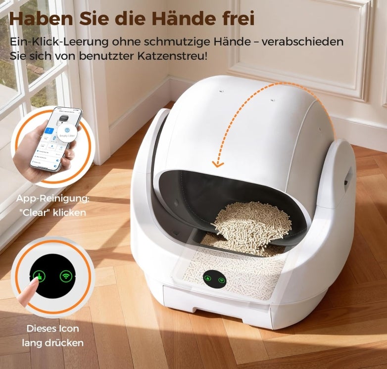 Katzenklo Selbstreinigend Offen, Ellenpent Elektrische Katzentoilette für Große Katzen mit Geruchskontrolle - App-Steuerung & Sensoren Katzenklo Automatische Reinigung 