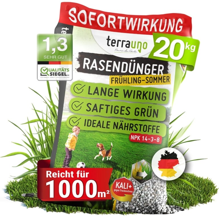 TerraUno Rasendünger Frühjahr/Sommer I Sofortwirkung für saftiges grün I 20 kg für 1000 m² I gesunder Rasen verdrängt Moos und Unkraut I NPK Dünger Rasen&nbsp;
