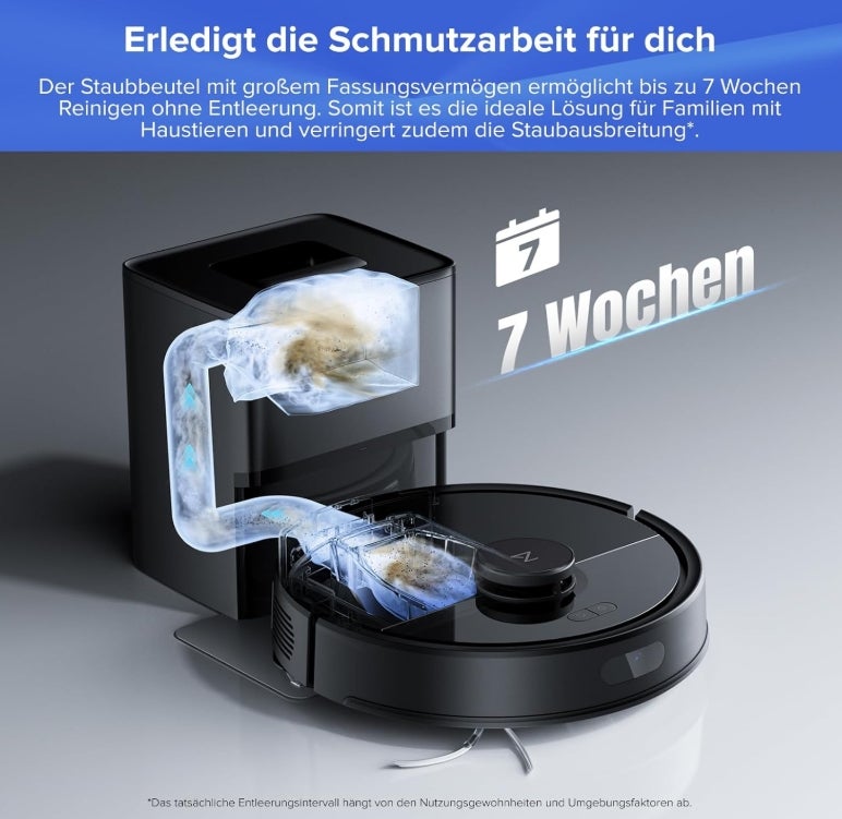 roborock Q7 L5+ Set Saugroboter mit Wischfunktion Absaugstation, verbessert von Q5 Pro+, Dual Anti-Tangle System, 8000Pa Saugkraft, LiDAR-Navigation, Staubsauger Roboter für Teppiche&Tierhaar, Schwarz 