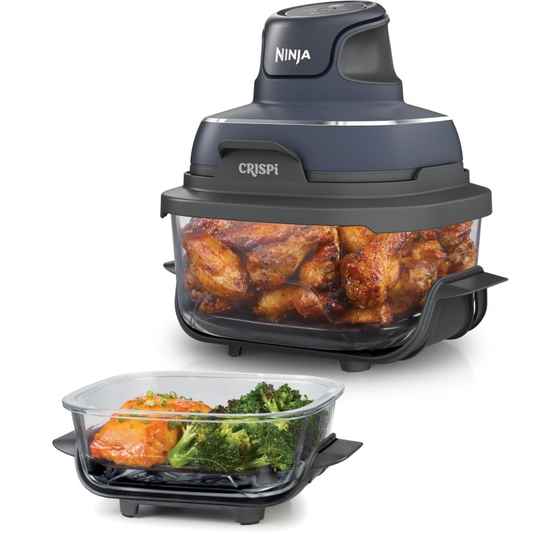 Ninja CRISPi tragbare Air fryer Heißluftfritteuse, 3,8 l, 4-in-1: Heißluftfrittieren, Braten, Warmhalten, Recrisp, kompakt, 6 Portionen, 2x herausnehmbare Glasbehälter & Deckel, 1700W, Grau FN101EUGY 