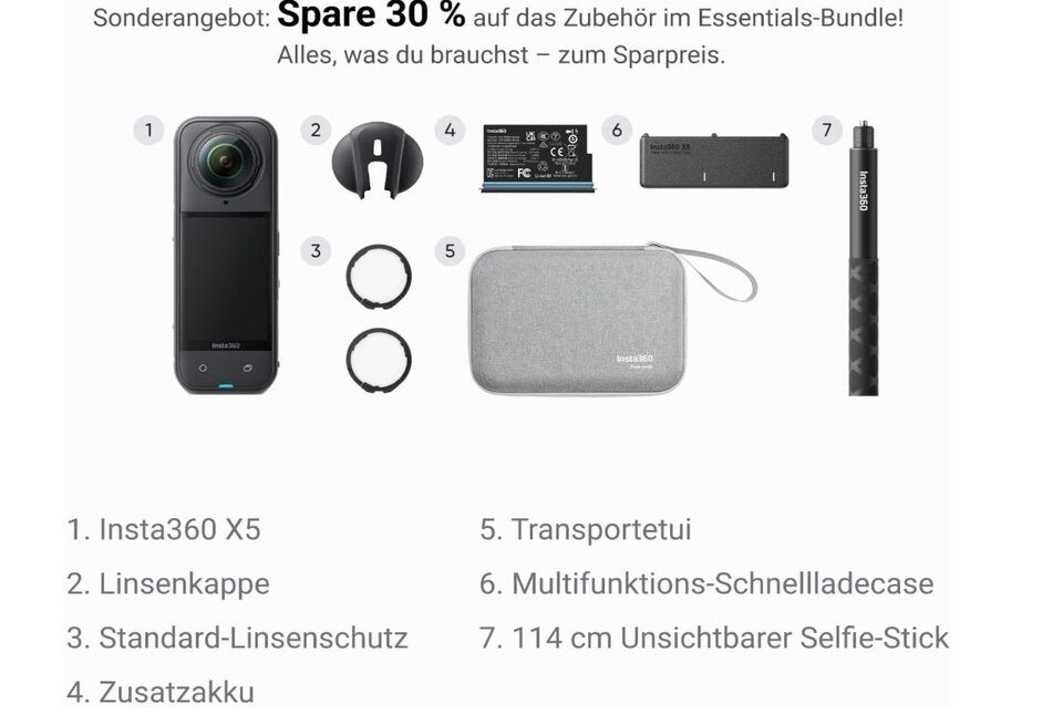 Insta360 X5 Must-Have-Bundle - wasserdichte 8K 360°-Kamera, Führend bei wenig Licht, Unsichtbarer Selfie-Stick-Effekt, robuste & auswechselbare Linsen, 3 h Akku, Integr. Windschutz, Stabilisierung