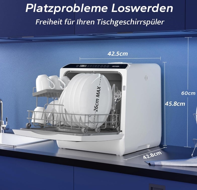 AIRMSEN Tischgeschirrspüler, Mini Geschirrspüler mit 5+1 Programme & 5L Wassertank, 2 Wege Wasserversorgung, Touch Control & LED-Display, Geeignet für Hausküchen, Wohnungen, Schlafsäle, Weiß & Schwarz [Energieklasse D] 