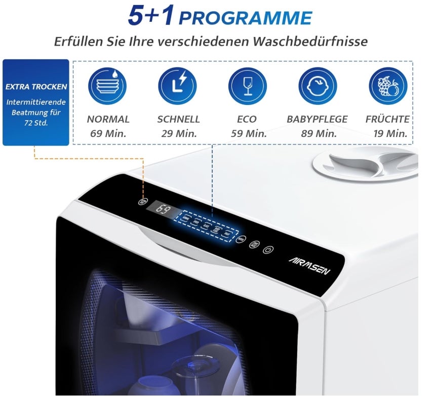 AIRMSEN Tischgeschirrspüler, Mini Geschirrspüler mit 5+1 Programme & 5L Wassertank, 2 Wege Wasserversorgung, Touch Control & LED-Display, Geeignet für Hausküchen, Wohnungen, Schlafsäle, Weiß & Schwarz [Energieklasse D] 