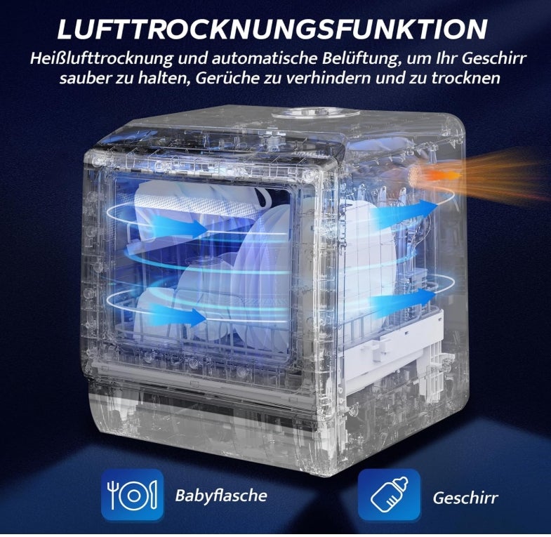 AIRMSEN Tischgeschirrspüler, Mini Geschirrspüler mit 5+1 Programme & 5L Wassertank, 2 Wege Wasserversorgung, Touch Control & LED-Display, Geeignet für Hausküchen, Wohnungen, Schlafsäle, Weiß & Schwarz [Energieklasse D] 