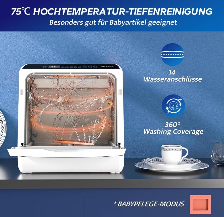 AIRMSEN Tischgeschirrspüler, Mini Geschirrspüler mit 5+1 Programme & 5L Wassertank, 2 Wege Wasserversorgung, Touch Control & LED-Display, Geeignet für Hausküchen, Wohnungen, Schlafsäle, Weiß & Schwarz [Energieklasse D] 