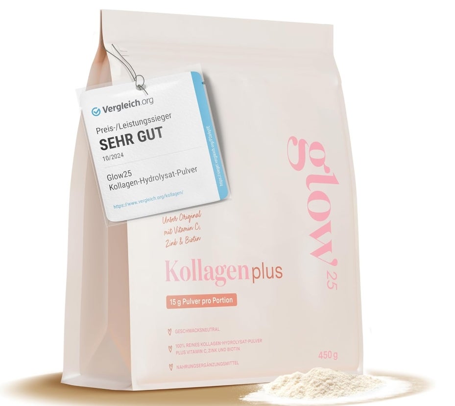 Glow25® Collagen Plus Pulver [450g] - Kollagen Hydrolysat mit Vitamin C, Zink und Biotin 