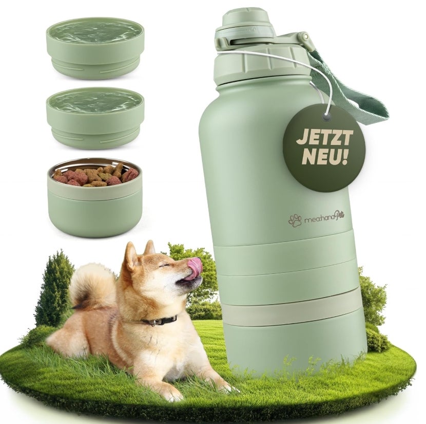 Pets Hundetrinkflasche für unterwegs 1l mit Näpfen -Ideal für Reisen,Outdoor- Isolierte Edelstahl Flasche mit Napf 
