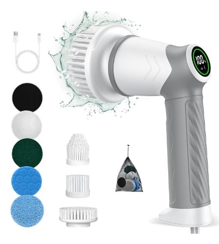Elektrische Reinigungsbürste, Reinigungsgerät für Haushalt, Kabellos Power Spin Scrubber mit 7 Bürstenköpfen 