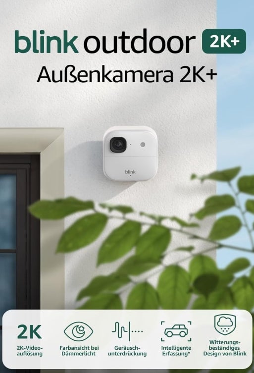 Blink Außenkamera 2K+ (neueste Generation) – Kabellose, intelligente Sicherheitskamera, 2K-Videoauflösung, bis zu zwei Jahre Batterielaufzeit. Sync-Basismodul enthalten – 1-Kamera-System, Weiß 