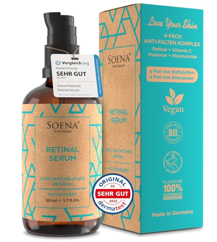 BIO Retinol Serum Hochdosiert • Die beste Retinolform (Retinal) + 7 Power Wirkstoffe = Hyaluron, Vitamin C, Niacinamid • Hochwirksames Retinal • Gegen Falten 