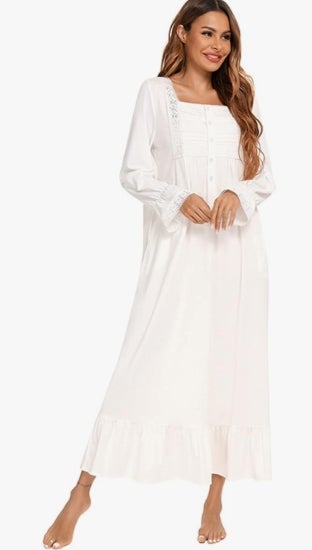 Damen Nachthemd Vintage Viktorianisches Langarm Nachthemd Pyjama Kleid Leicht Weich Homewear Kleid 
