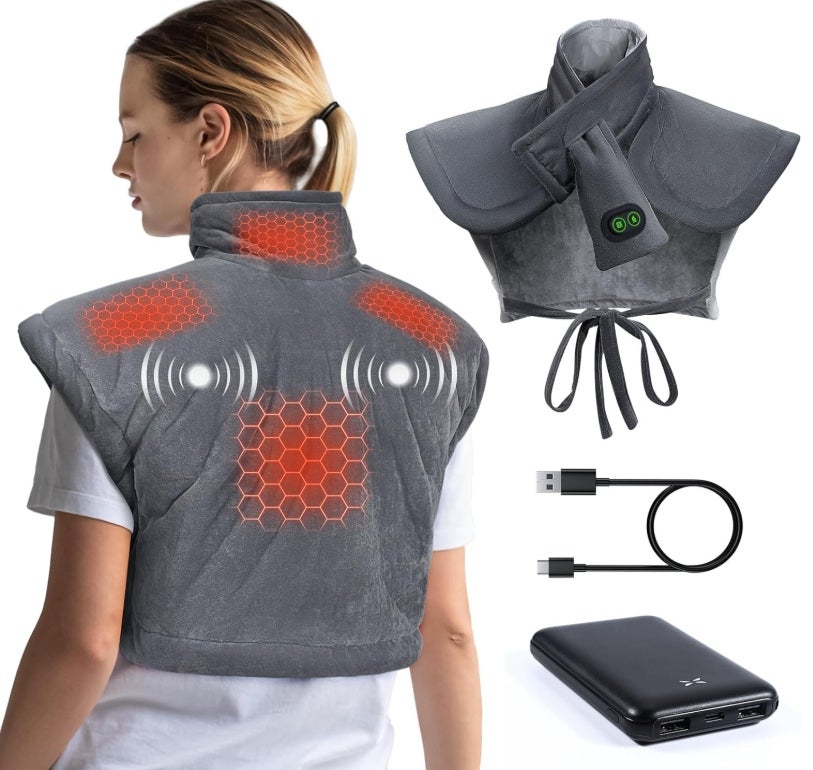 Graphen Heizkissen Nacken Schulter mit 10000mAh Akku, Wärmekissen Kabellos Rücken mit 3 Heizstufen & 3 Massagemoden 