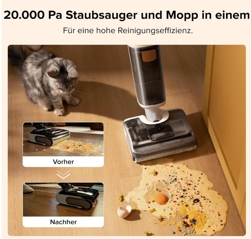 Roborock F25 GT Nass Trockensauger, 180° Lay-Flat Saugwischer, 90°C Hochtemperatur Selbstreinigung, 20.000 Pa Akku Staubsauger mit Wischfunktion, Wischsauger Kabellos Anti-Tangle für HarteBoden 