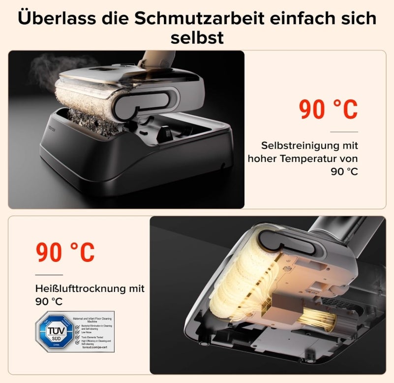 Roborock F25 GT Nass Trockensauger, 180° Lay-Flat Saugwischer, 90°C Hochtemperatur Selbstreinigung, 20.000 Pa Akku Staubsauger mit Wischfunktion, Wischsauger Kabellos Anti-Tangle für HarteBoden 