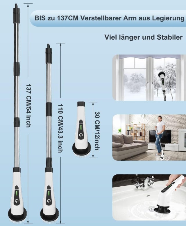 Elektrische Reinigungsbürste,Electric Spin Scrubber schnurlos mit 8 austauschbaren Bohrbürstenköpfen, Wanne und Bodenfliese mopSet mit 137cm verstellbarem Griff für Bad Küche Auto Fußboden (Weiß) 
