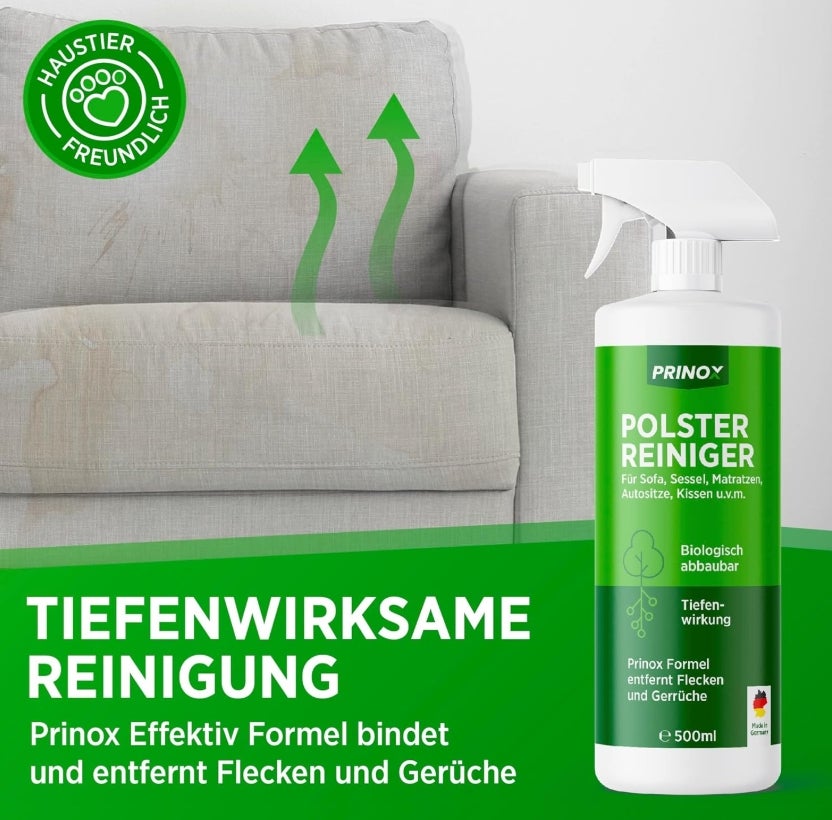 PRINOX Profi Polsterreiniger 500ml für Sofa, Auto, Sessel & Couch inkl. Bürste - Textilreiniger Konzentrat & Autositz Reiniger für alle Polstermöbel - Fleckenentferner Sofa aus Deutschland 
