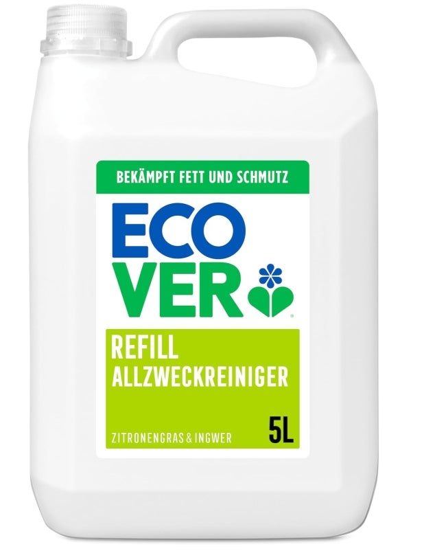 Ecover Allzweckreiniger Nachfüllpack, entfernt Schmutz und Dreck auf harten Oberflächen, Zitronengras- und Ingwerduft, 1 x 5L Packung 