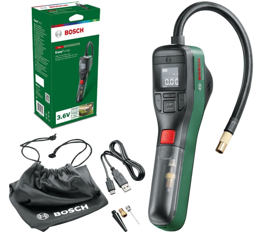 Bosch elektrische Fahrradpumpe/Luftpumpe/Mini Kompressor EasyPump (3,0 Ah Akku, 3,6 Volt, Autostop-Funktion, 150 PSI, 10,3 bar, LED, über USB-C® wiederaufladbar, im Karton) 