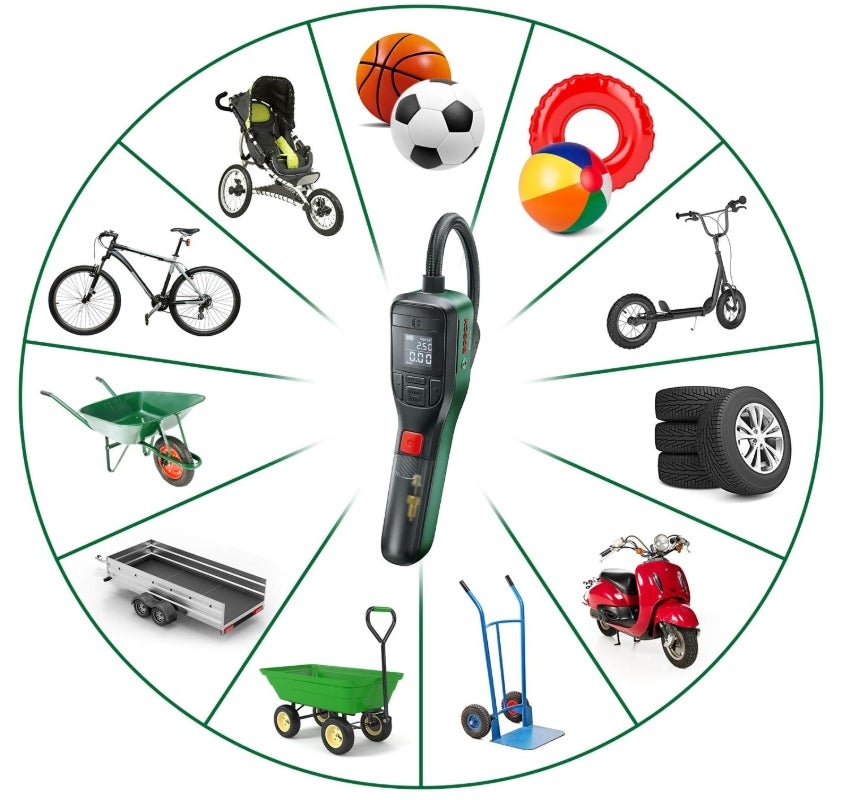 Bosch elektrische Fahrradpumpe/Luftpumpe/Mini Kompressor EasyPump (3,0 Ah Akku, 3,6 Volt, Autostop-Funktion, 150 PSI, 10,3 bar, LED, über USB-C® wiederaufladbar, im Karton) 