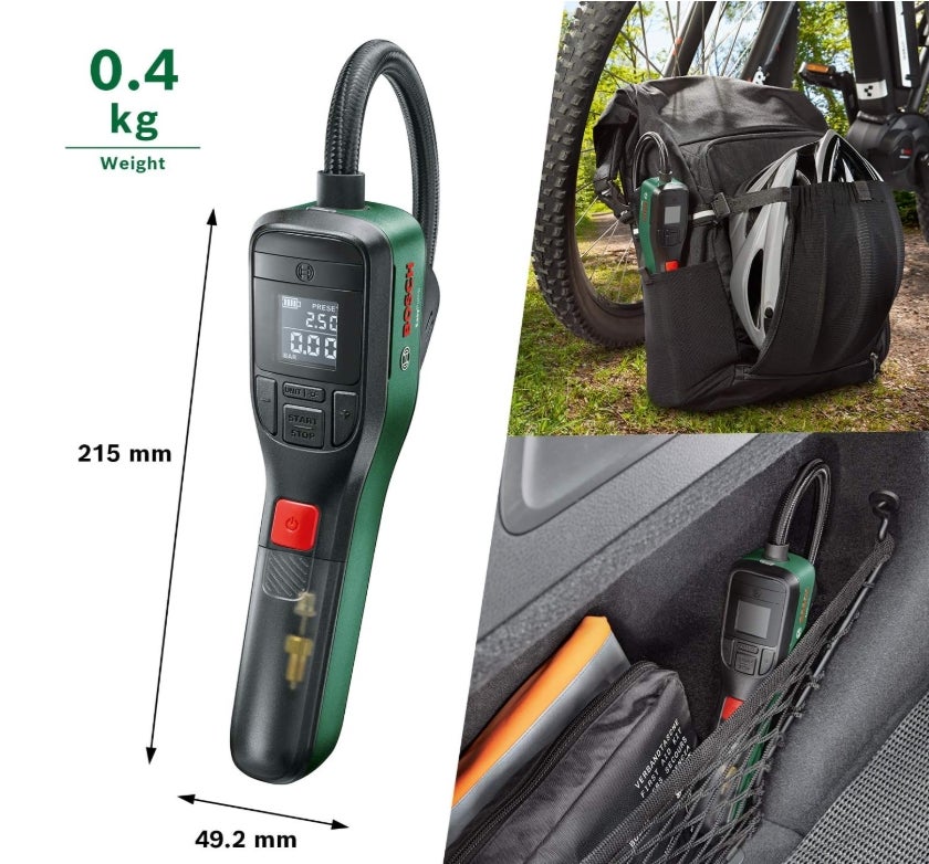 Bosch elektrische Fahrradpumpe/Luftpumpe/Mini Kompressor EasyPump (3,0 Ah Akku, 3,6 Volt, Autostop-Funktion, 150 PSI, 10,3 bar, LED, über USB-C® wiederaufladbar, im Karton) 