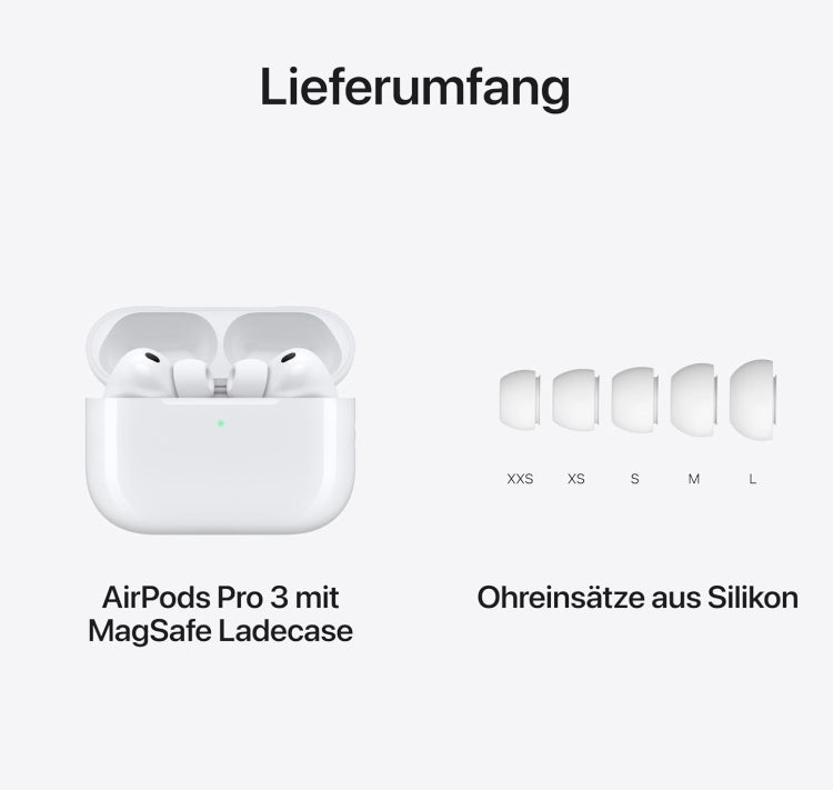 Apple AirPods Pro 3 Kabellose In‑Ear Kopfhörer, Aktive Geräuschunterdrückung, Herzfrequenzmessung, Hörgerätefunktion, Bluetooth Kopfhörer, 3D Audio, Hi‑Fi Sound, Laden über USB‑C 