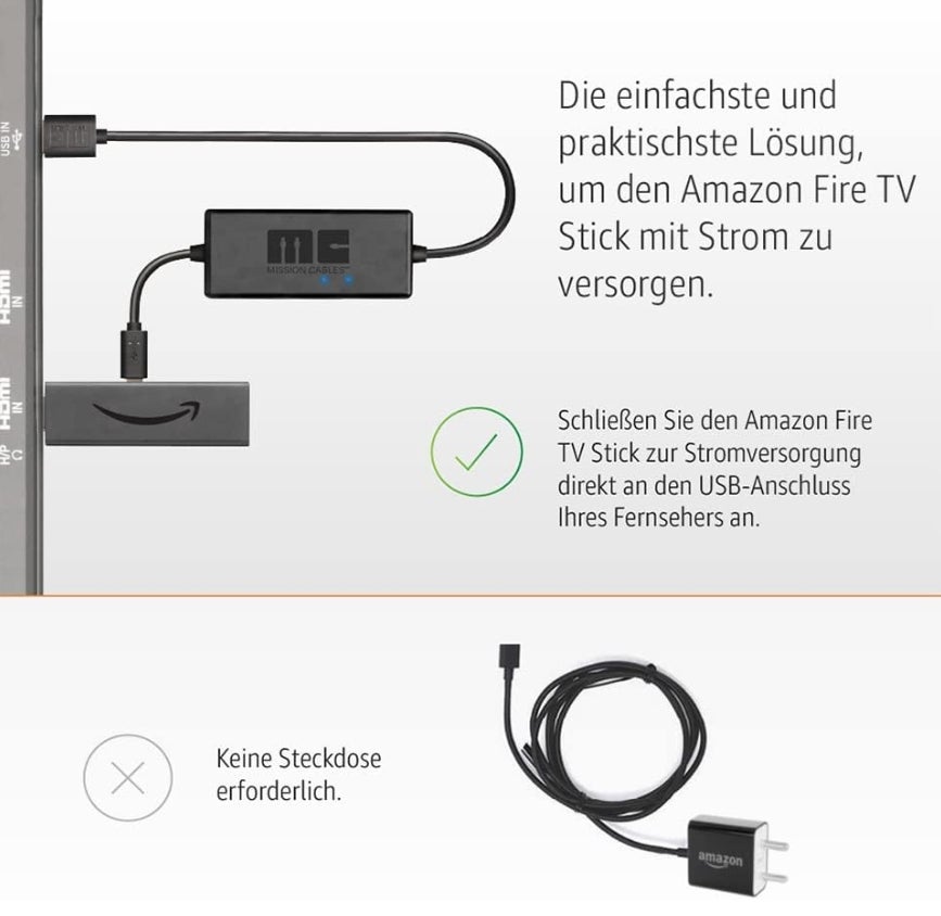 Amazon Fire TV Stick HD + Mission USB Stromkabel - Ladekabel - Power Kabel für Amazon Fire TV (Keine separate Steckdose mehr notwendig) 