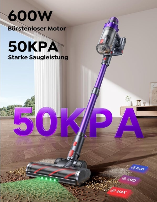 SMOTURE Akku Staubsauger 50.000 Pa 65 Min Laufzeit mit Mini-Turbinendüse, Anti-Tangle-Staubsauger Kabellos mit Touchscreen & Automodus für Tierhaare/Teppiche/Hartböden/Auto, VAC02–Verbesserte Version 