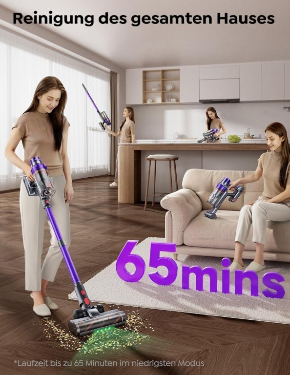 SMOTURE Akku Staubsauger 50.000 Pa 65 Min Laufzeit mit Mini-Turbinendüse, Anti-Tangle-Staubsauger Kabellos mit Touchscreen & Automodus für Tierhaare/Teppiche/Hartböden/Auto, VAC02–Verbesserte Version 