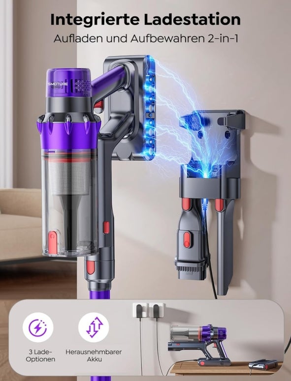 SMOTURE Akku Staubsauger 50.000 Pa 65 Min Laufzeit mit Mini-Turbinendüse, Anti-Tangle-Staubsauger Kabellos mit Touchscreen & Automodus für Tierhaare/Teppiche/Hartböden/Auto, VAC02–Verbesserte Version 